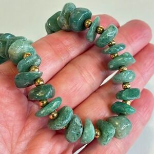 Vintage Aventurine Necklace Green Stone Polished Chip Gold Tone Bead 18" Estate